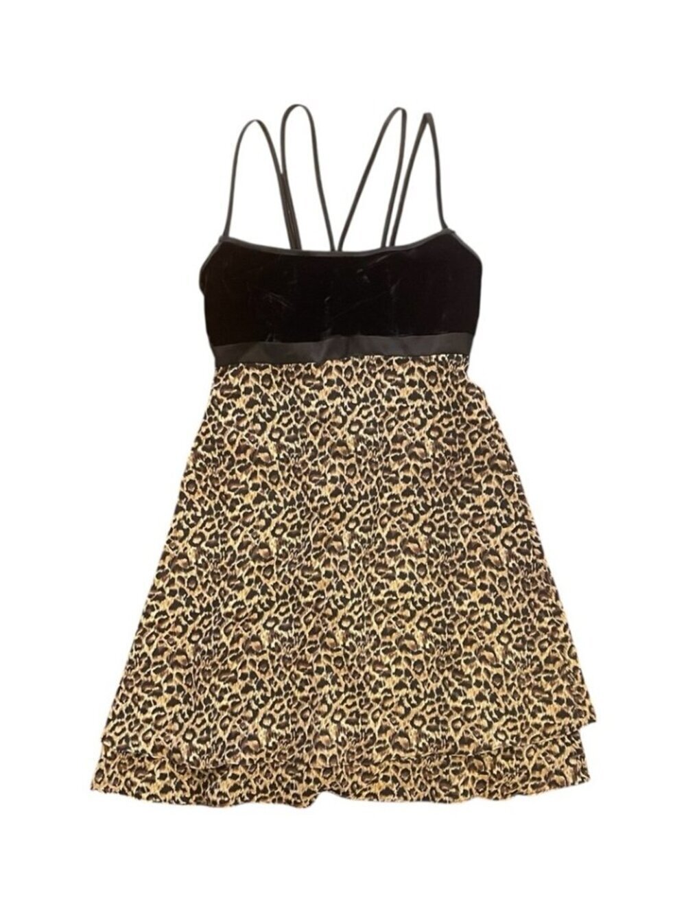 Anne Klein Y2K Black Leopard Print Dress Size 4‎ US Tiered Ruffle Mini